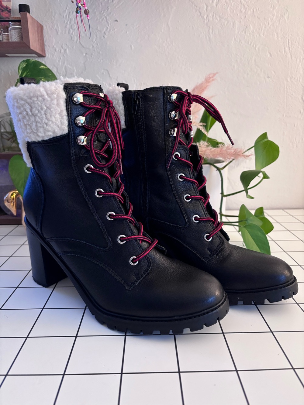Black Leather Faux-Shearling Lace-Up Block Heel Boot from Nine West